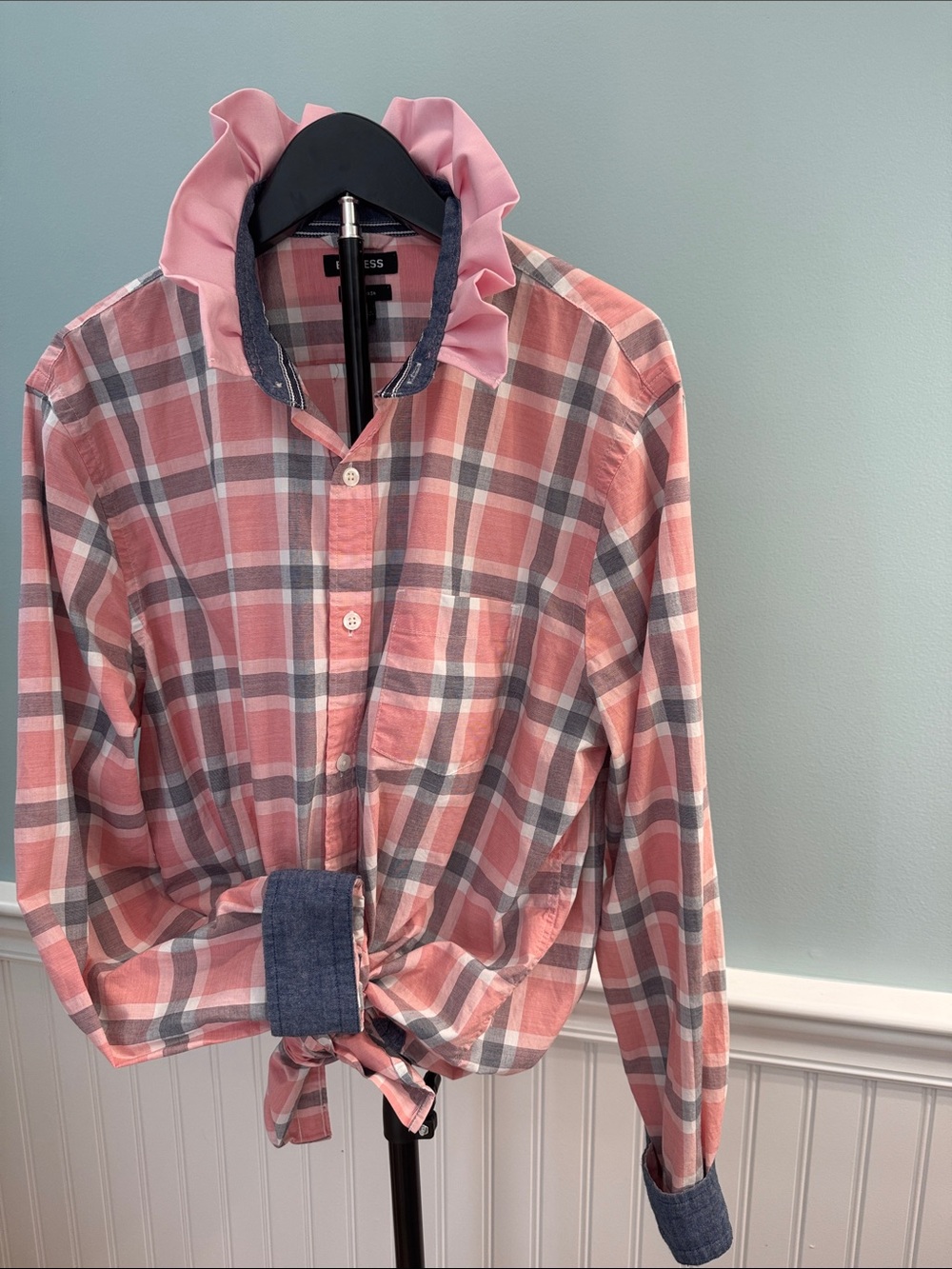 Reimagined Express Pink Plaid shirt, ruffle collar Blouse with Denim Trim